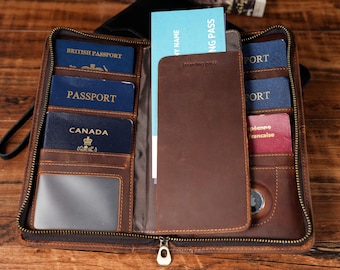 Cartera de viaje familiar de cuero personalizada, porta pasaporte grabado personalizado, ranura para AirTag, regalo para papá