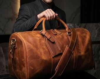 Full-Grain Leather Duffle Bag, Men's Travel Weekender, Shoe Compartment, Carry On Luggage