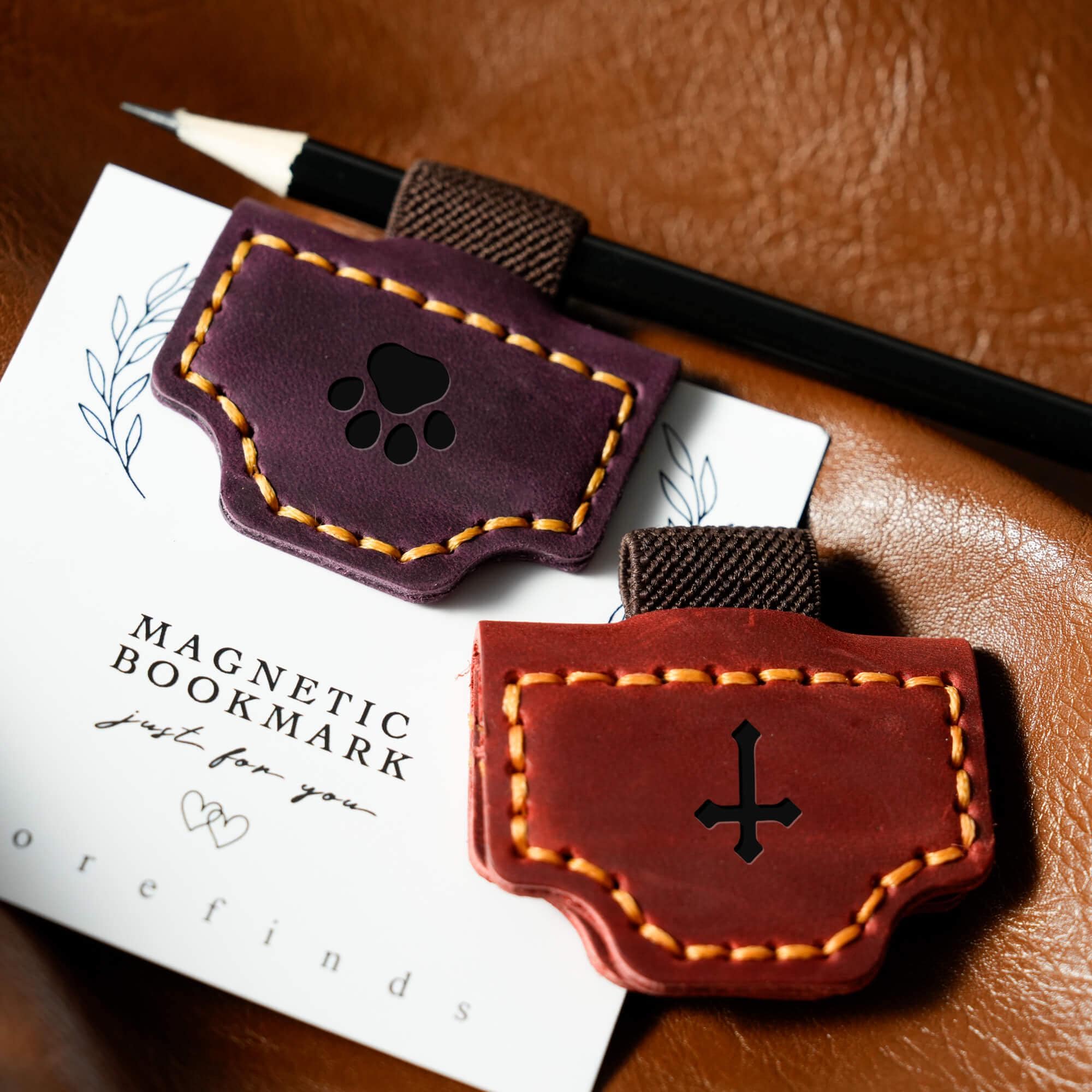 Personalized Leather Magnetic Bookmark with Pen Clip: Handmade Reader Gift