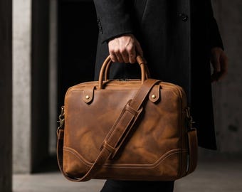 Leather Briefcase Men, Personalized Laptop Bag 15 Inch, Genuine Leather Work Bag, Custom Engraved, Messenger Bag Men Women