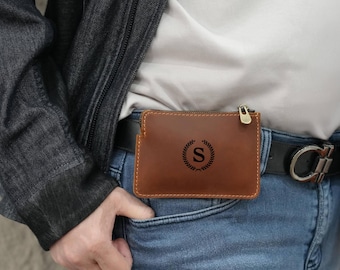 Riñonera de cuero personalizada, Monedero con cremallera para cinturón, Billetera pequeña de cuero, Mini monedero para cinturón, Regalo para papá