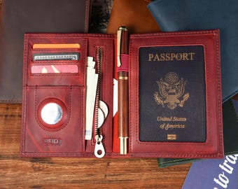 Leder AirTag Passport Inhaber RFID Reisebrieftasche, personalisierte Passhülle, Herren Reisebrieftasche, benutzerdefinierte Passport Hülle
