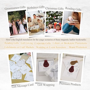 Pu&ograve; includere: Un collage di immagini che mostra idee regalo per varie occasioni, tra cui matrimoni, compleanni e Natale. Il testo evidenzia gli usi dei segnalibri magnetici in pelle: lettura, regali ed eventi promozionali. Sono presenti anche biglietti di auguri e confezioni regalo.