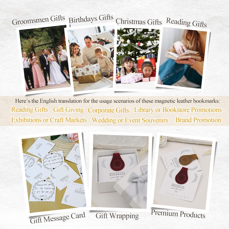 Pu&ograve; includere: Un collage di immagini che mostra idee regalo per varie occasioni, tra cui matrimoni, compleanni e Natale. Il testo evidenzia gli usi dei segnalibri magnetici in pelle: lettura, regali ed eventi promozionali. Sono presenti anche biglietti di auguri e confezioni regalo.
