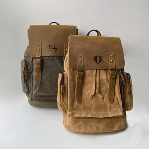 Personalized Waxed Canvas Leather Backpack: Engraved Travel Rucksack