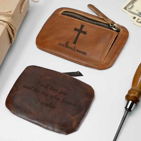 Leather Rosary Pouch, Personalized leather rosary case with zipper, Customized coin purse, valentine's day gifts