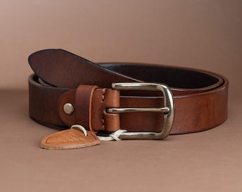 Men's Bison Leather Belt, Handmade with Solid Brass Buckle, 1.5-Inch Wide