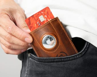 Tarjetero AirTag de cuero personalizado: bloqueo RFID, diseño minimalista y delgado.