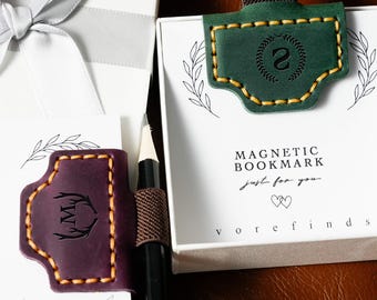 Personalized Leather Magnetic Bookmark with Pen Clip, Engraved Reader Gift