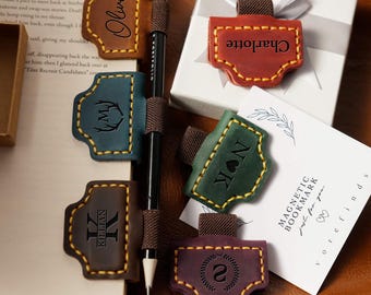 Personalized Leather Magnetic Bookmark with Pen Clip: Handmade Reader Gift