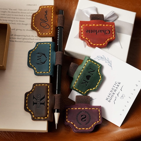 Personalized Leather Magnetic Bookmark with Pen Clip: Handmade Reader Gift
