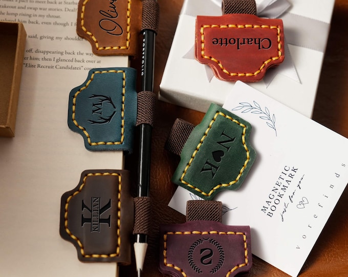 Personalized Leather Magnetic Bookmark with Pen Clip: Handmade Reader Gift