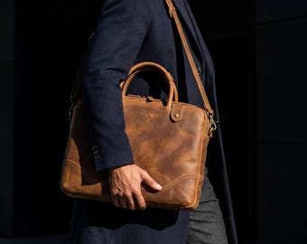 Personalized Leather Briefcase, Custom Engraved Laptop Bag Men, Genuine Leather Work Bag, Christmas Gift for Him Dad