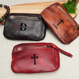 Portarosario in pelle personalizzato e portamonete, regalo cattolico per prima comunione, cresima, battesimo, regalo per mamma/papà
