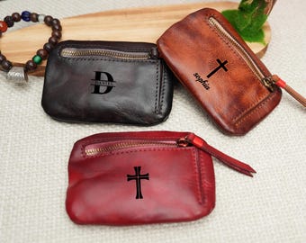 Bolsa de cuero personalizada para rosario y monedero, regalo católico para primera comunión, confirmación, bautismo, regalo para mamá o papá