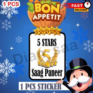 Könnte beinhalten: Ein blauer Aufkleber mit den Worten "BON APPETIT" über einer Schüssel mit Essen und "5 STARS" mit "Saag Paneer" darunter. Eine Zeichentrickfigur zeigt auf den Aufkleber. Der Aufkleber sagt auch "1 PCS" und "FAST DELIVERY".