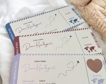 Voucher de viagem/cartão de embarque personalizado | Várias cores | Cartão raspável | Voucher de viagem | Presente de passagem aérea/férias/passaporte | Ideia de presente