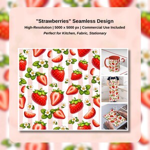 Op de afbeelding: Een naadloos ontwerp met helderrode aardbeien, groene bladeren en witte bloemen op een roze en witte gestreepte achtergrond. Het ontwerp heet "Strawberries" en is geschikt voor keuken, stof en briefpapier.