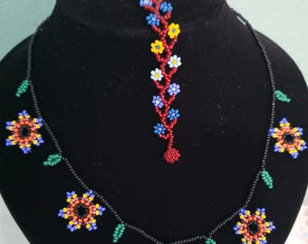 2 pieces  beautiful handmade Mexican Beaded Bracelet and Necklace with Flowers, Native American, Mexican  jewelry