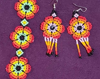 2 pieces  beautiful handmade Mexican Beaded Bracelet an earrings with Flowers Native American, Mexican  jewelry