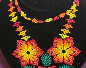 flower handmade Necklace and Bracelet Set – 3D Flower Beaded Jewelry – Mexican jewelry, native