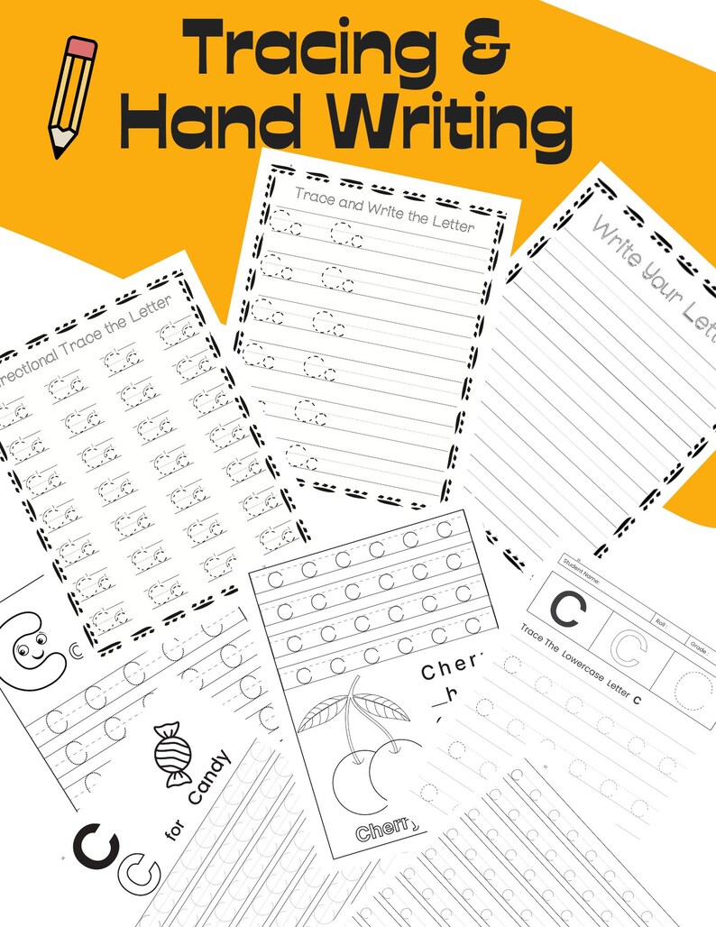 May include: Black and white printable worksheets for tracing and writing the lowercase letter 'c'. The worksheets include various exercises, such as tracing the letter, writing the letter, and writing words that start with the letter 'c'.