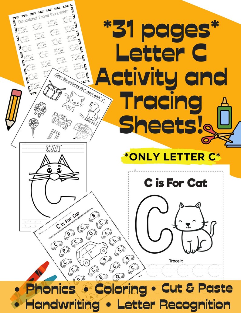 May include: Black and white printable worksheets for learning the letter C. The worksheets include tracing, coloring, and cut and paste activities. The text on the image reads "*31 pages* Letter C Activity and Tracing Sheets! *ONLY LETTER C* C is For Cat"