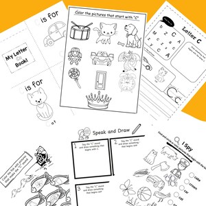 May include: Black and white printable phonics worksheets for kids to learn the letter C. The worksheets include activities like coloring pictures that start with the letter C, finding the letter C in a word search, and drawing pictures that start with the letter C.