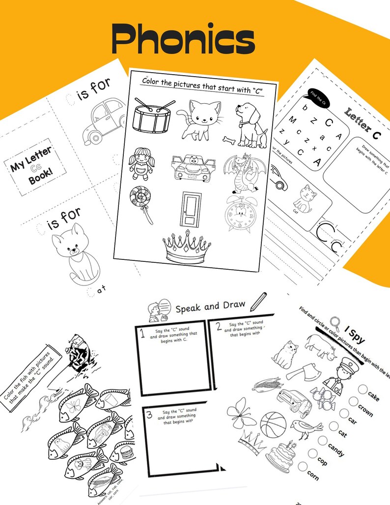 May include: Black and white printable phonics worksheets for kids to learn the letter C. The worksheets include activities like coloring pictures that start with the letter C, finding the letter C in a word search, and drawing pictures that start with the letter C.
