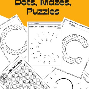 May include: Black and white printable worksheet with three connect the dots activities. Each activity features a letter C with numbers 1 through 25. The worksheet includes the text "Connect the Dots, Mazes, Puzzles" and "Name: Connect the dots, and color the picture".