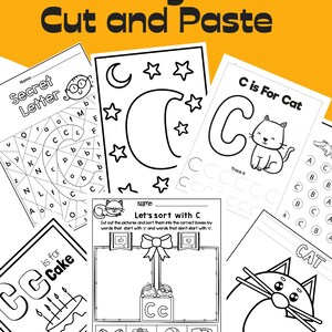 May include: Black and white printable worksheet for kids to practice letter recognition and sorting words that start with the letter 'C'. The worksheet includes a 'Secret Letter' maze, a 'Let's Sort with C' activity, and a 'C is for Cat' tracing activity.