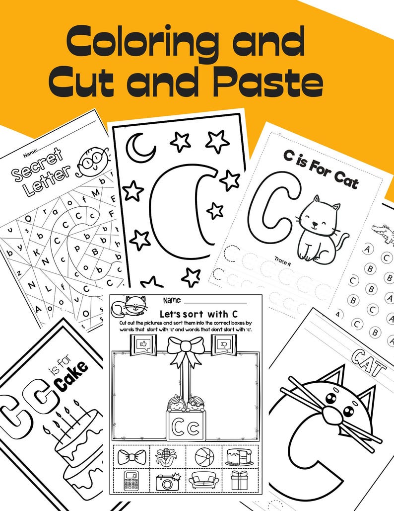May include: Black and white printable worksheet for kids to practice letter recognition and sorting words that start with the letter 'C'. The worksheet includes a 'Secret Letter' maze, a 'Let's Sort with C' activity, and a 'C is for Cat' tracing activity.