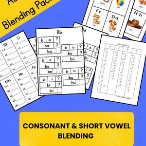 May include: Educational packet with the text "Assisted Blending Packet" and "Consonant & Short Vowel Blending." Includes worksheets with letter blending exercises, CVC word lists, and picture cards with images of an apple, ball, cat, dog, fish, and hat.
