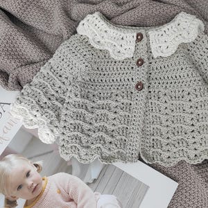 Crochet pattern collar cardigan for baby girls. Sizes from 0-3m up to 5-6y. English only