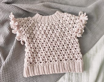 Häkelanleitung Pullover Weste. Büschelstich. Für Babys, 5 Größen von 0-3 Monaten bis 2-3 Jahren. Nur Englisch