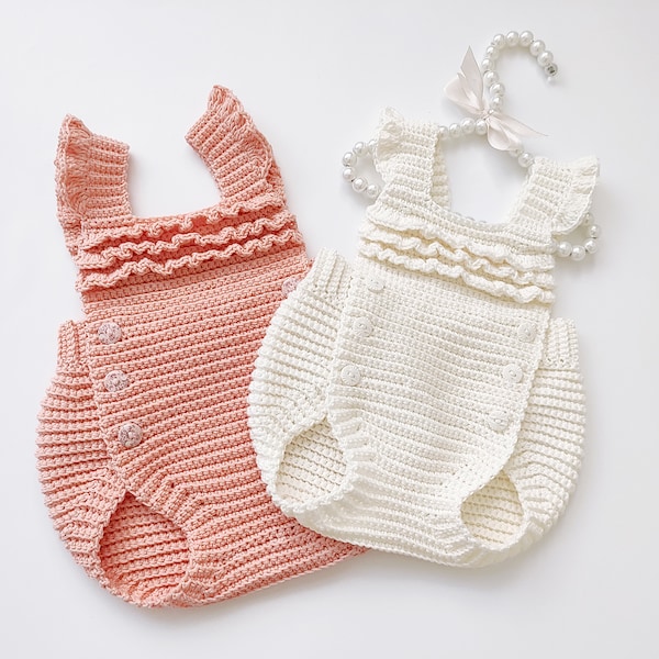 Baby romper crochet pattern, ruffle romper crochet pattern, 5 sizes - from newborn to 12 months