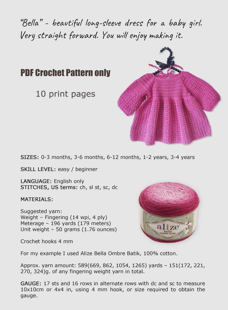 Crochet Baby Dress Pattern, Long Sleeve, 0-4 Years (PDF Pattern) image 3