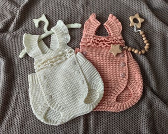 Crochet pattern Baby romper, ruffle romper, 5 sizes from newborn to 12 months