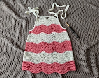 Baby dress crochet pattern, wave stitch. Striped summer dress. One size 6-12 months