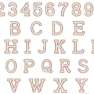 May include: A complete set of iron-on patches featuring the alphabet from A to Z and numbers from 0 to 9. Each character is outlined in a metallic rose gold border and filled with small, white, circular faux pearls in a block letter style.