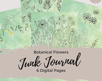 Może przedstawiać: Sześć cyfrowych stron do junk journalu z ilustracjami botanicznych kwiatów w czerni i bieli na zielonym tle akwarelowym. Tekst "Botanical Flowers Junk Journal 6 Digital Pages" znajduje się na dole obrazu.