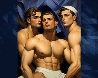 Matte Vertical Posters Art Deco Style Gay Male Couple Lempicka Inspired Fine Art Print Handsome Muscular Eastern European Threesome