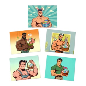 Cartes de voeux de Pâques rétro vintage des années 50, multi-designs (paquet de 5) Cartes postales de Joyeuses Pâques Cartes de voeux de beaux hommes musclés et gays