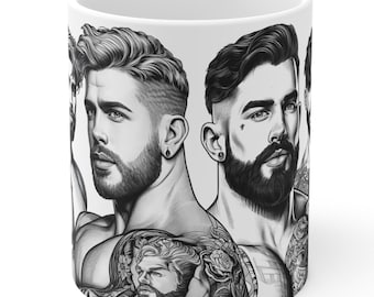 May include: Black and white illustration of three men with different hairstyles and facial hair. The men are drawn in a realistic style and have a serious expression. The image is printed on a white ceramic mug.
