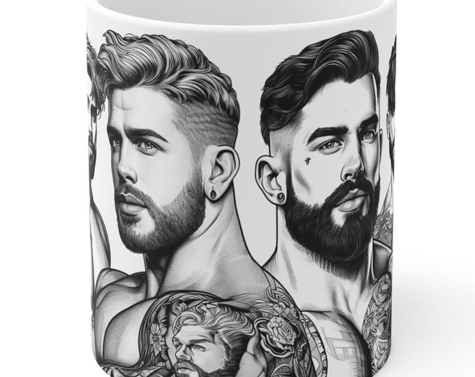 Featured listing image: Ceramic Mug 11oz  Muscle Men Bearded Hunks Drawings Gay Studs Mug