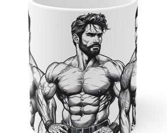 May include: White ceramic mug featuring a black and white illustration of three muscular men. The men are depicted with detailed anatomy, wearing belts and wristbands. The mug is a standard size for coffee or tea.