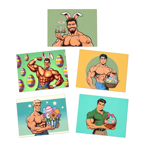 Easter Retro Vintage 50s Style Multi-Design Greeting Cards (5-Pack) Happy Easter Postcards Gay Muscular Handsome Men Hunks Greetings Cards