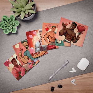 Cartes de voeux multi-designs romantiques de style rétro vintage des années 50 (paquet de 5) Cartes de Saint-Valentin gay musclé beaux beaux mecs