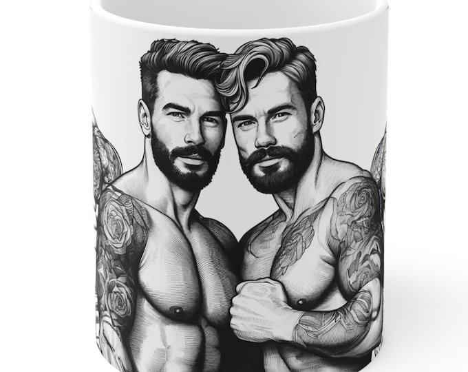 Featured listing image: Ceramic Mug 11oz  Muscle Men Daddies Bearded Hunks Drawings Gay Mug