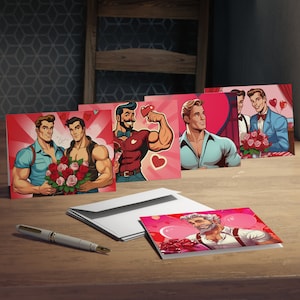 Cartes de voeux multi-designs romantiques de style rétro vintage des années 50 (paquet de 5) Cartes de Saint-Valentin gay musclé beaux beaux mecs